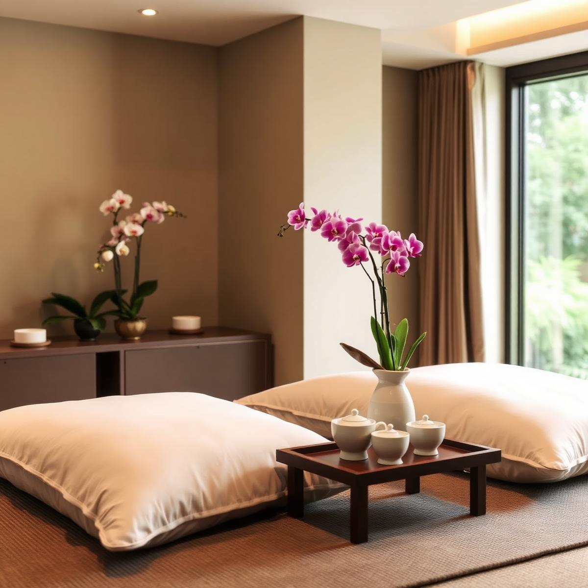 Serene spa room with orchids and floor cushions